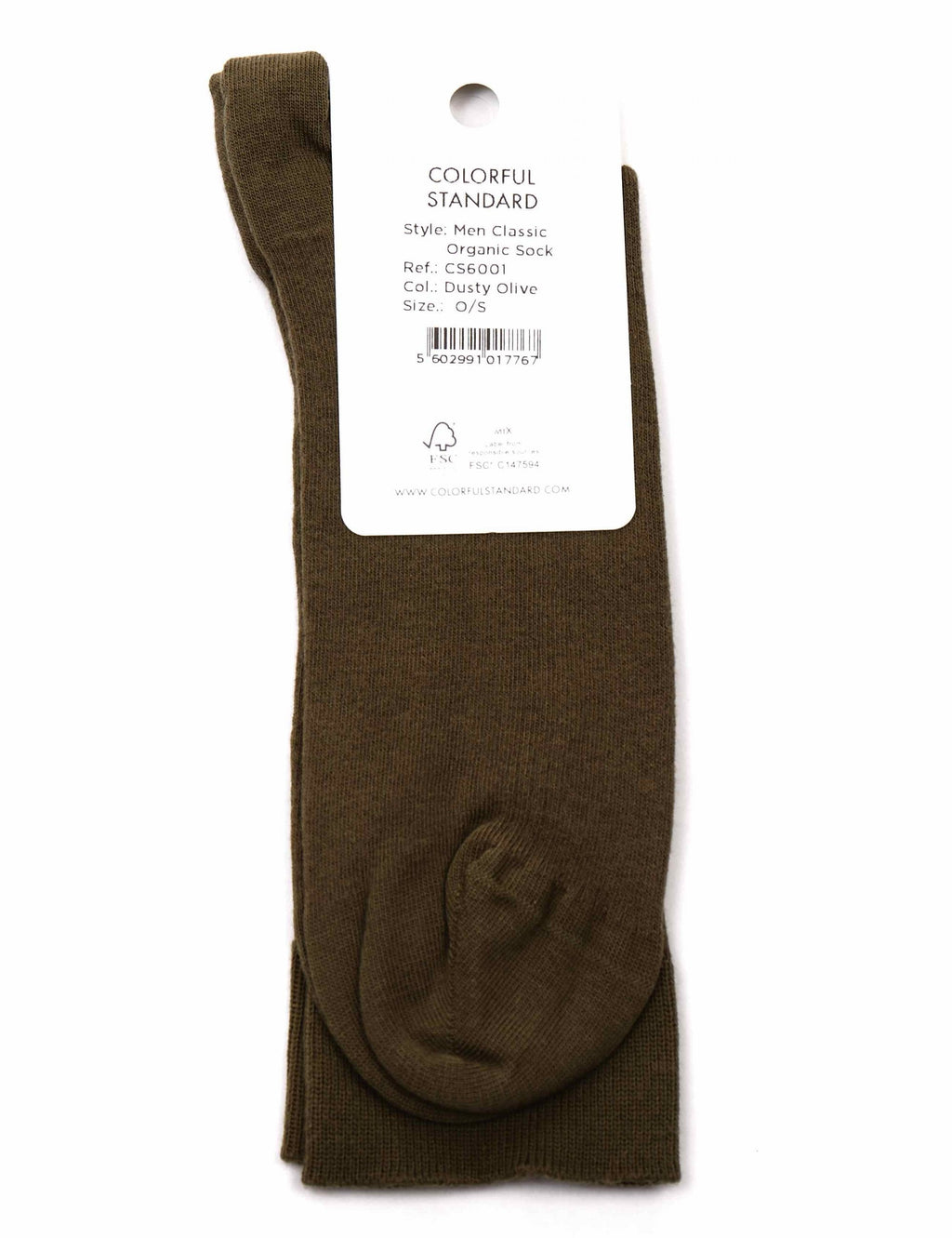Dusty olive crew socks, toe-heel detail, Colorful Standard product tag attached
