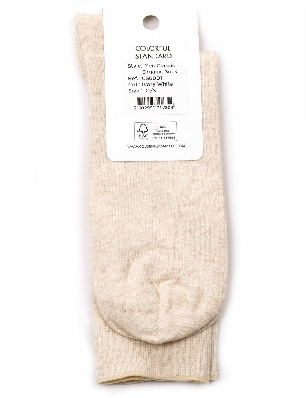 Ivory organic crew sock with heel and toe seam, retail tag on top