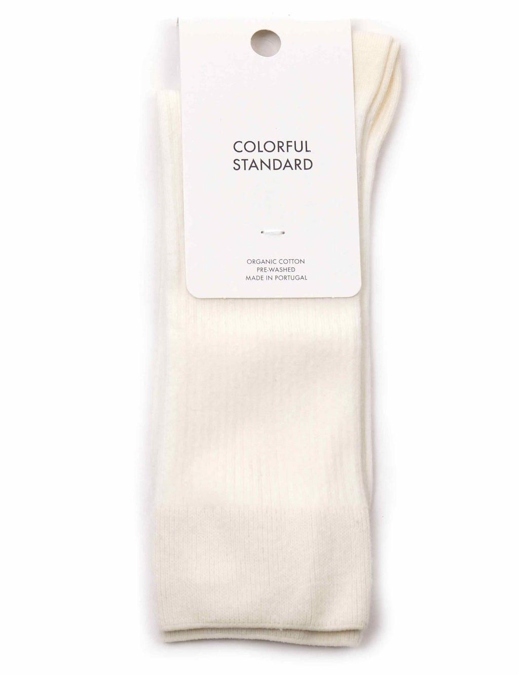 Optical white crew socks with hanging retail tag