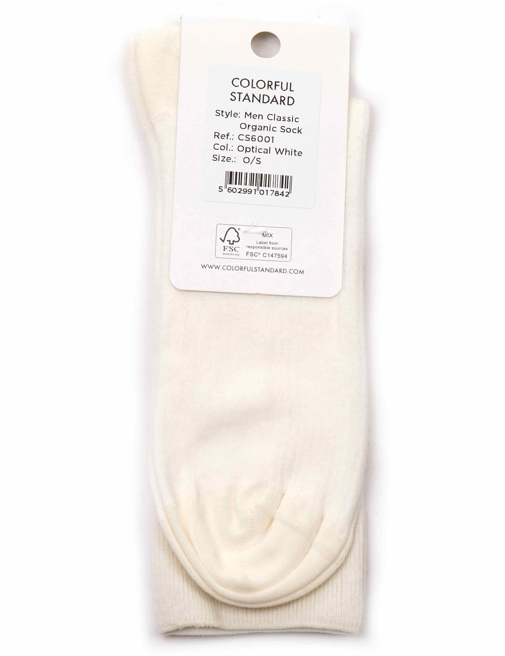 Optical white crew socks on retail card with barcode