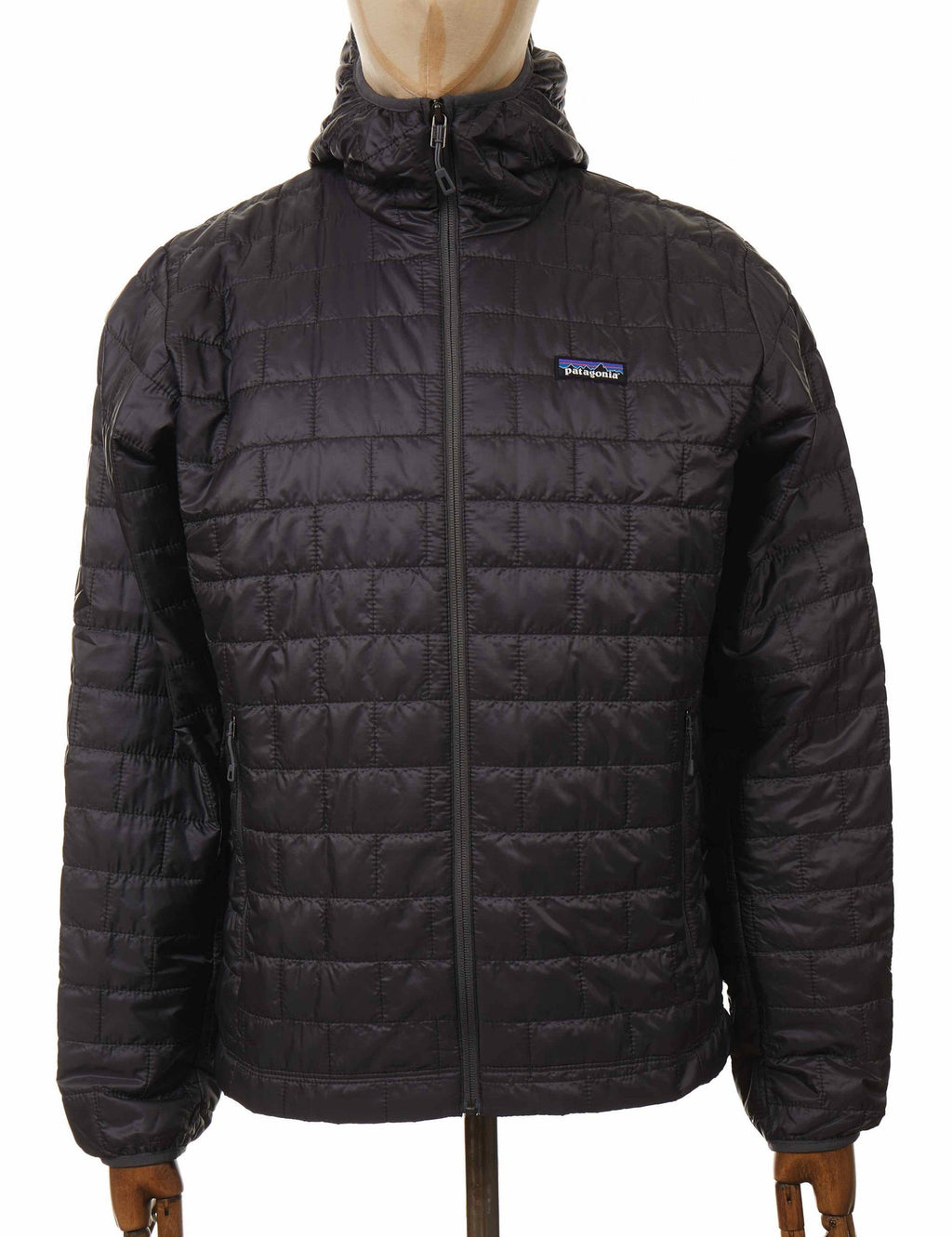 Nano Puff hooded jacket in dark gray, front view with zip and quilted panels