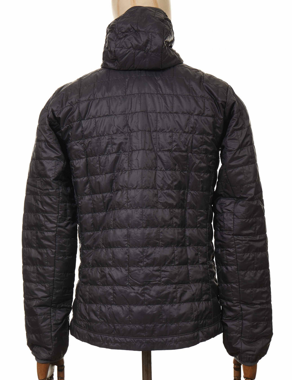 Nano Puff hooded jacket in dark gray, back view with adjustable hood