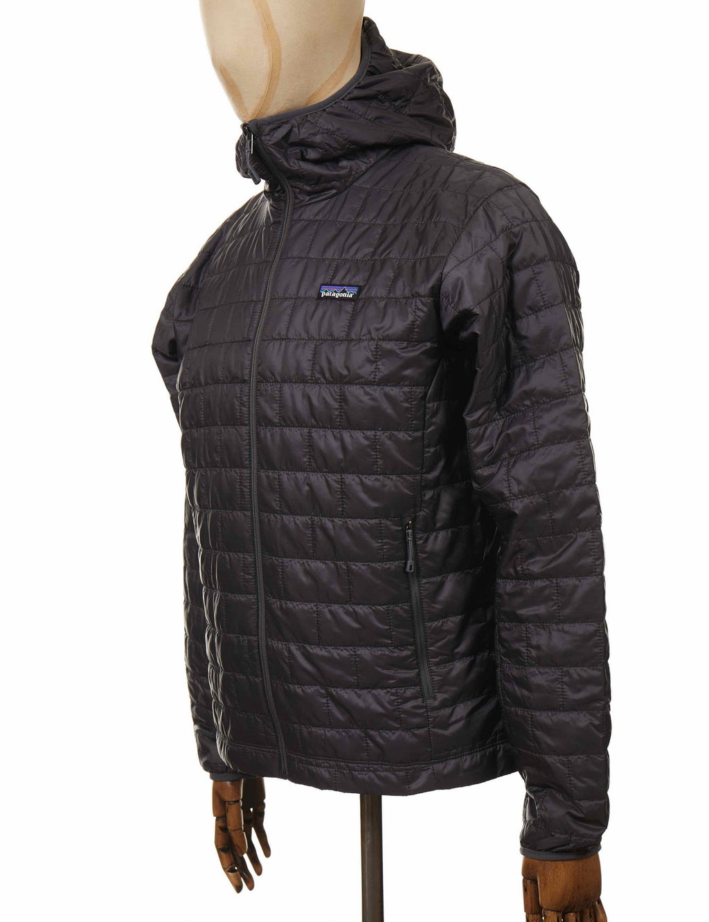 Nano Puff hooded jacket in dark gray, side view with zip and quilted baffles