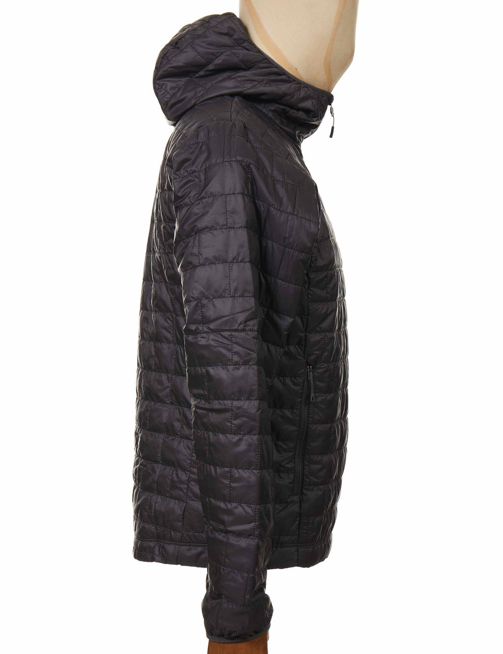 Nano Puff hooded jacket in dark gray, hood detail and quilted insulation