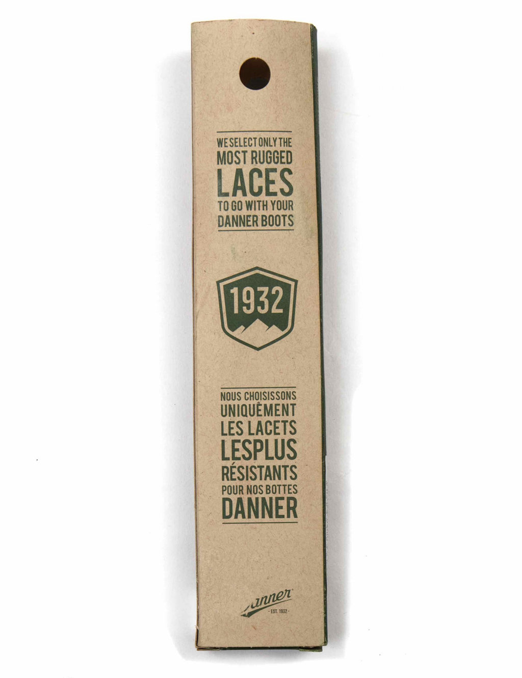 Leather laces packaging tag with 1932 crest and most rugged laces text