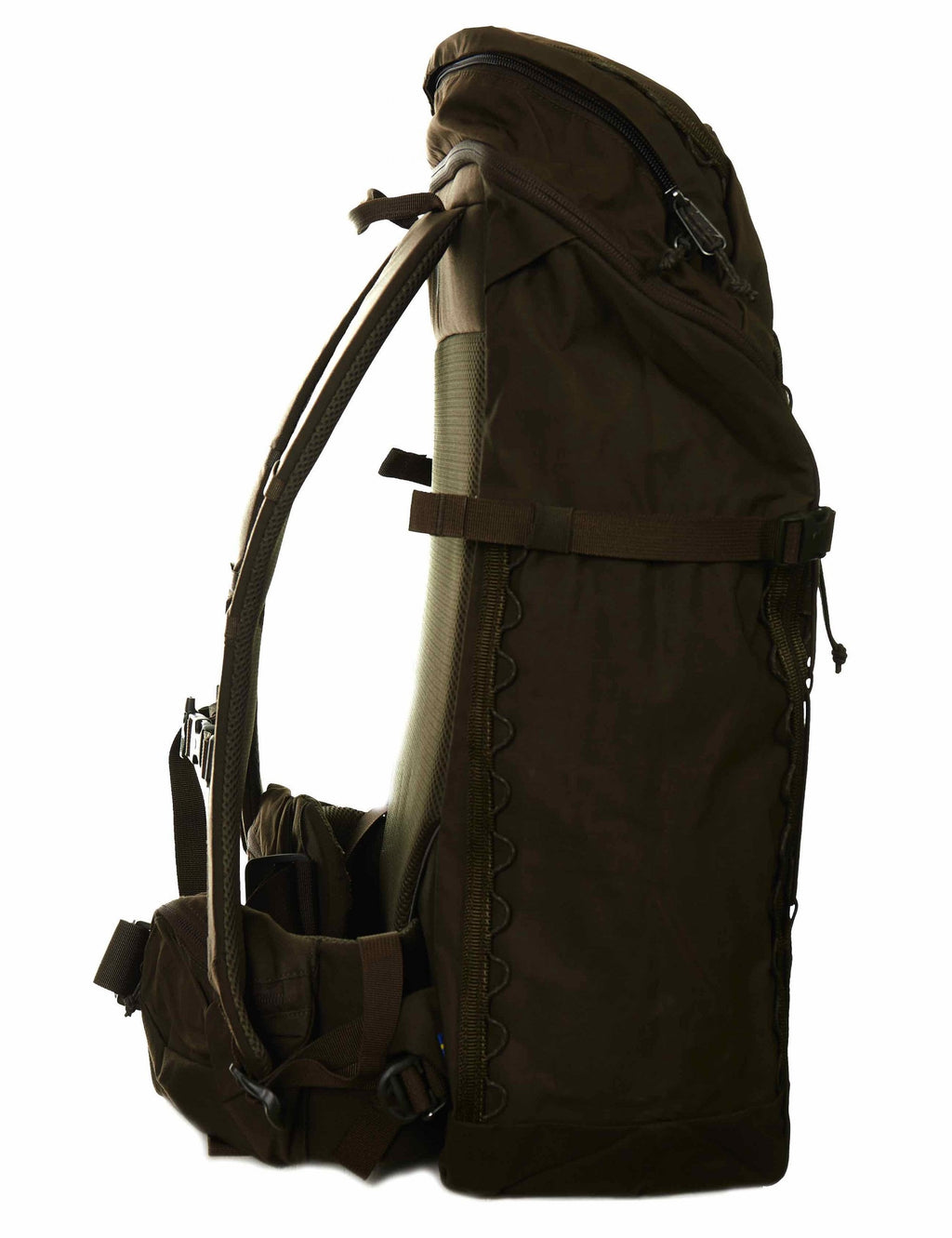 Dark olive backpack side profile with adjustable strap buckles and mesh pocket