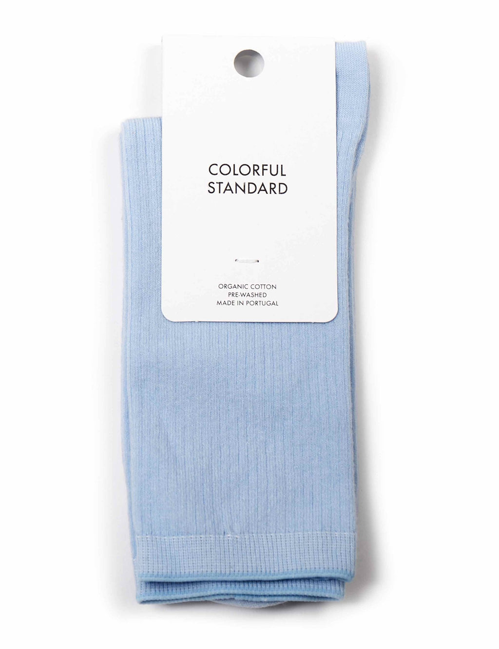 Light polar blue organic crew socks with Colorful Standard hang tag