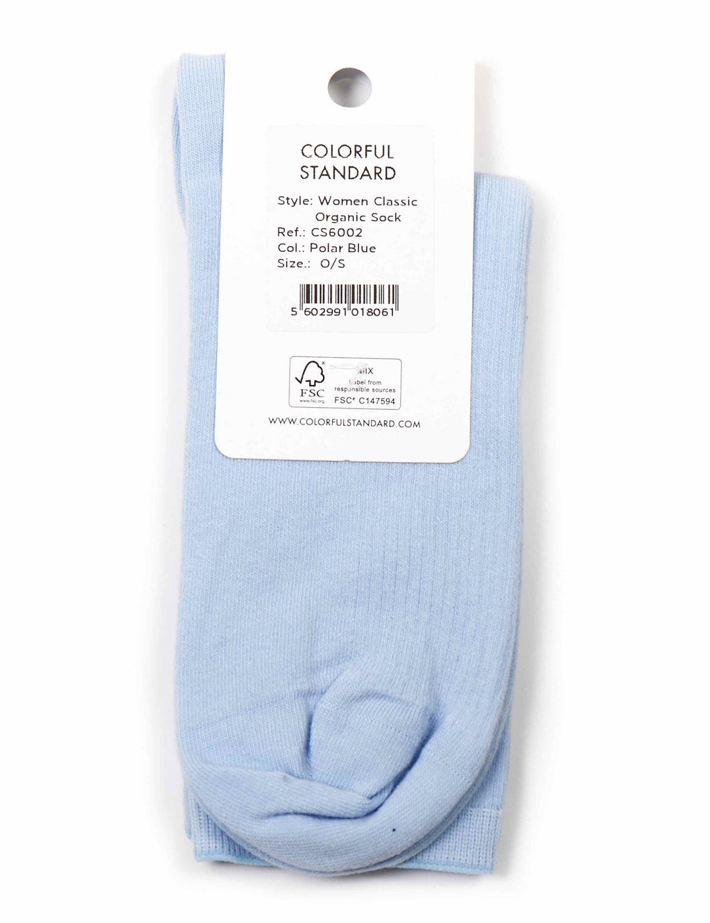 Light polar blue organic crew socks, folded with Colorful Standard hang tag