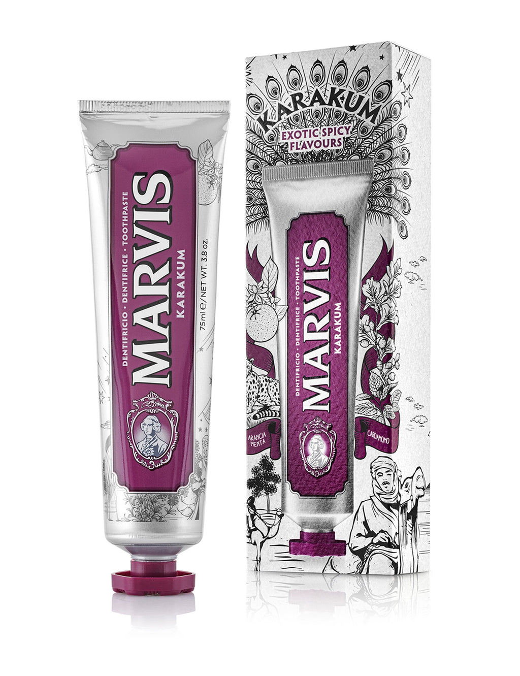 Marvis Karakum toothpaste tube with purple cap and maroon label