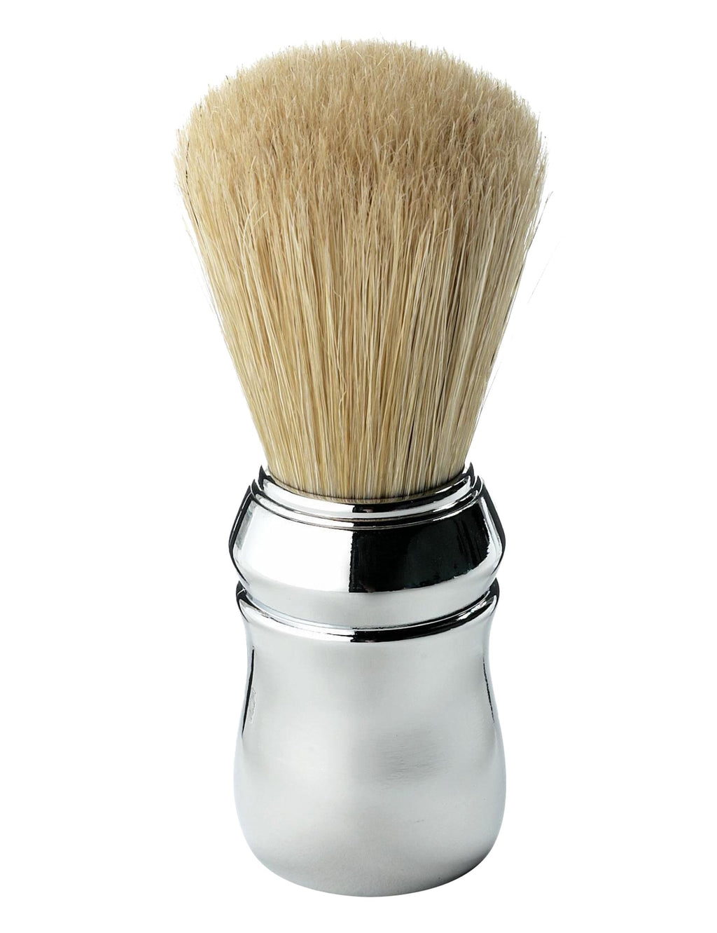 Shaving brush with chrome handle and beige bristles, cup-shaped base