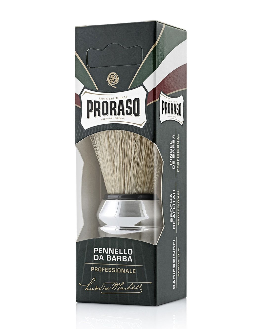 Shaving brush retail box showing beige bristle brush with chrome handle