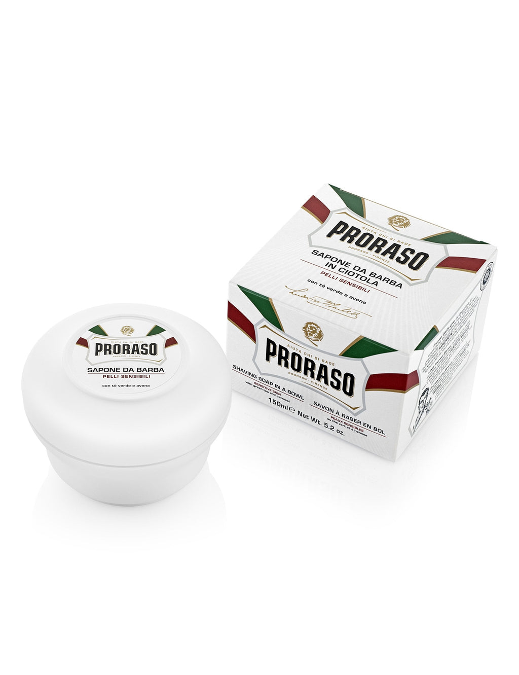 Shaving cream jar and cardboard box with PRORASO Sensitive label