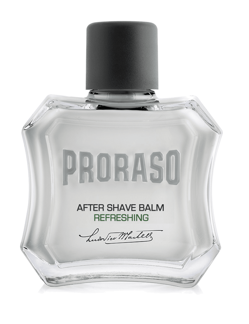 PRORASO after shave balm refreshing bottle with black cap, clear glass