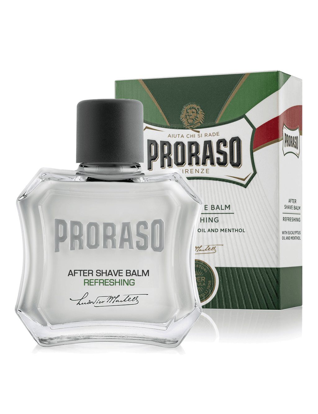PRORASO after shave balm refreshing bottle and green-white box, black cap