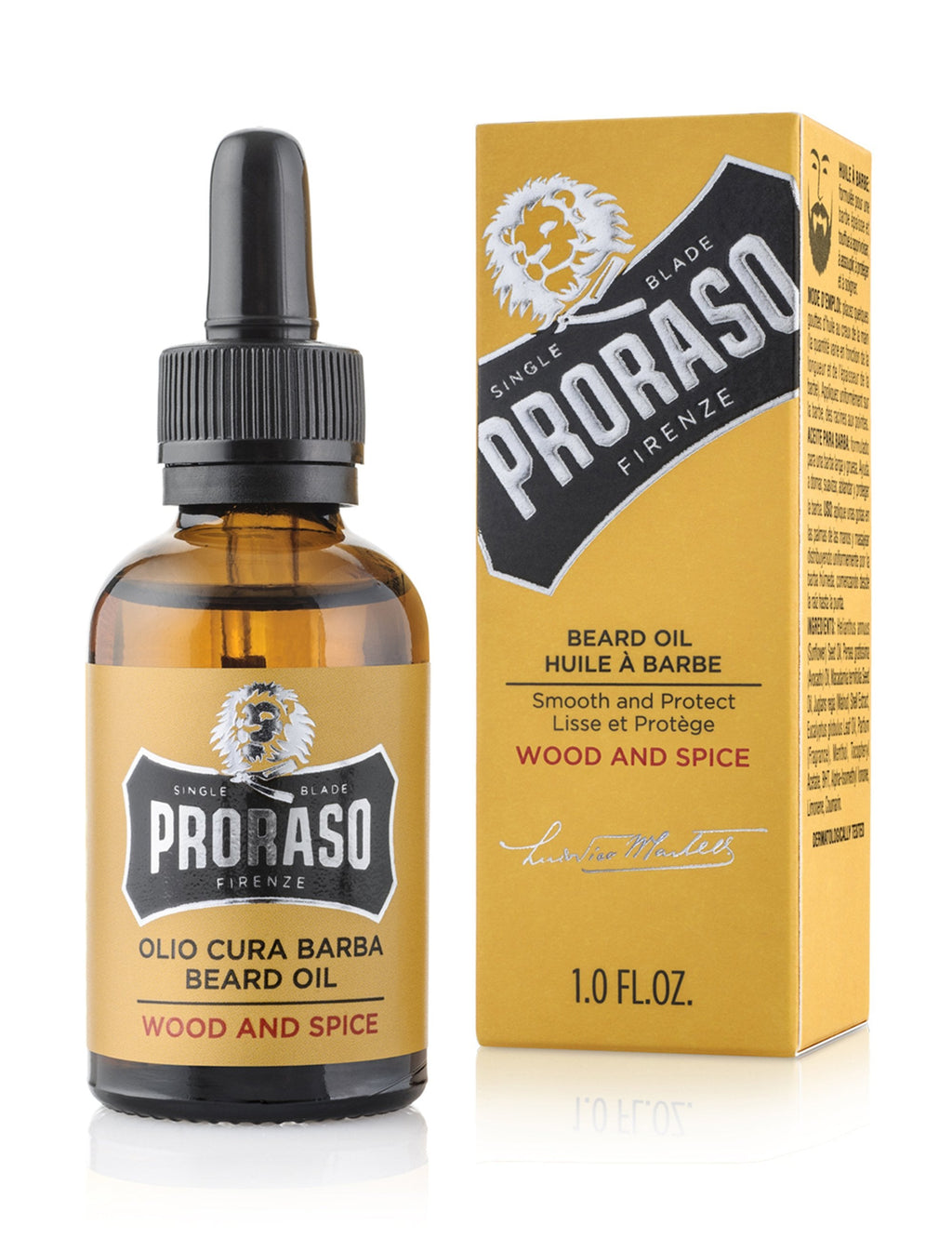 Beard oil bottle with dropper and label, amber glass, Wood & Spice scent