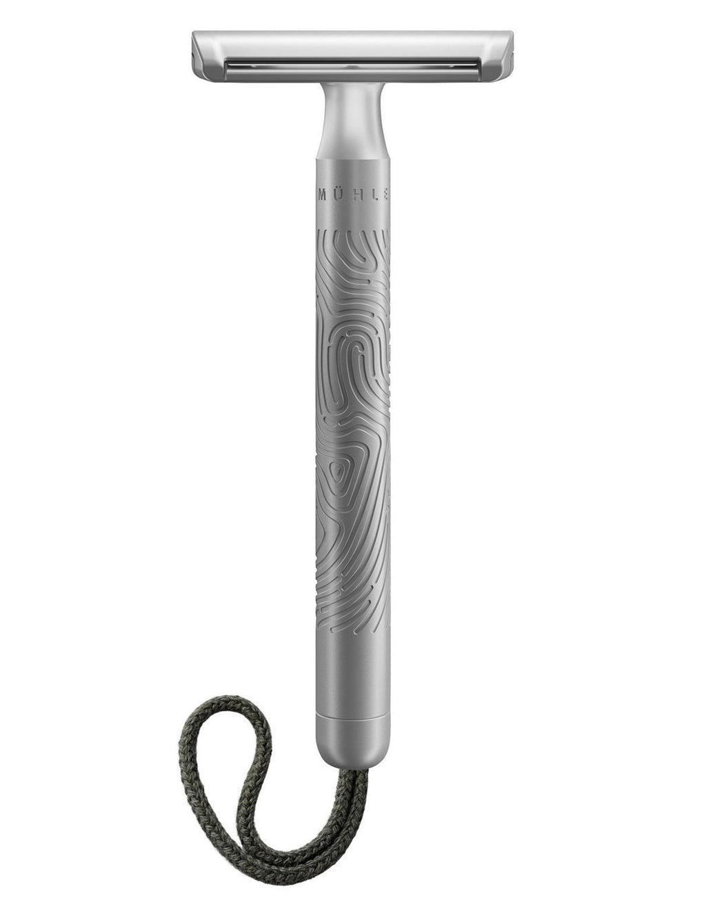 Double-edged safety razor with textured handle, silver head, black cord loop