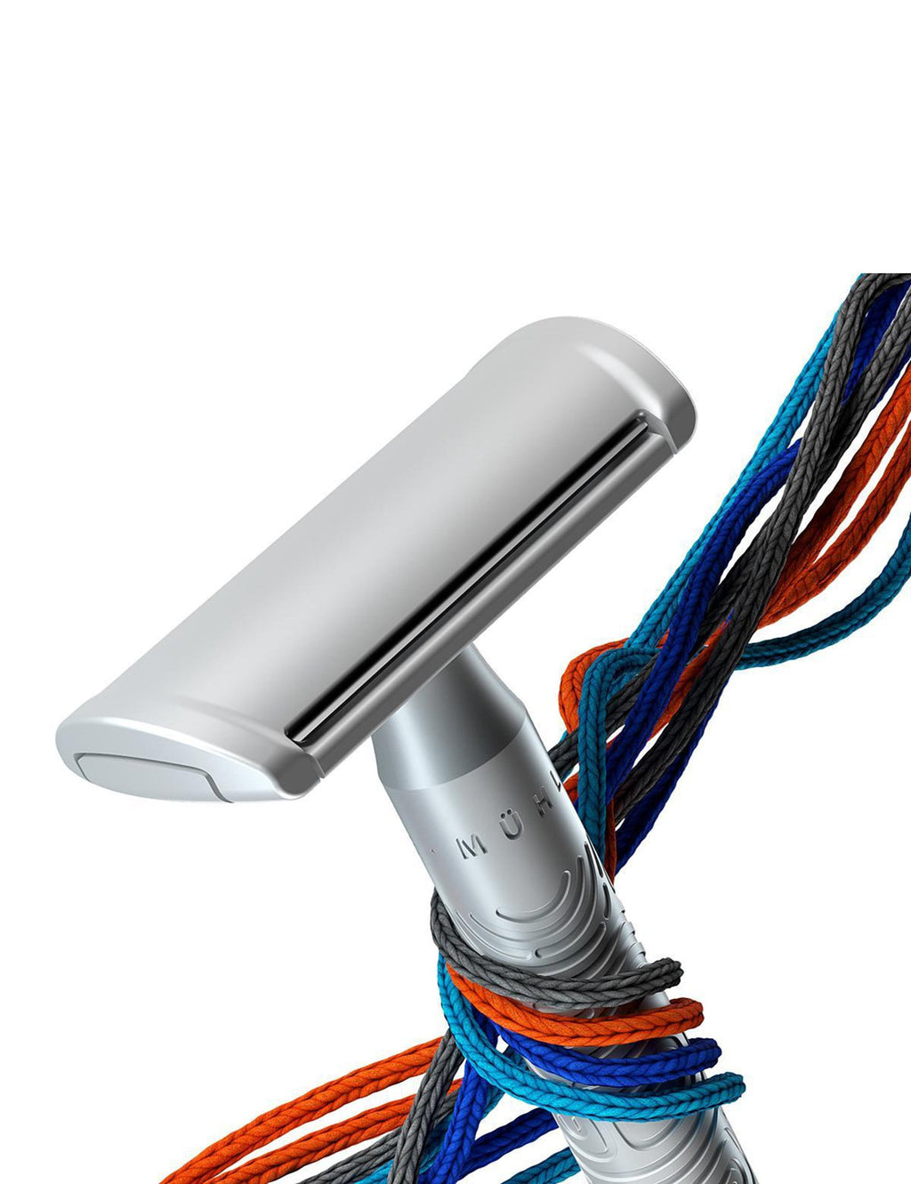 Double-edged safety razor head with silver finish and cord wrap detail