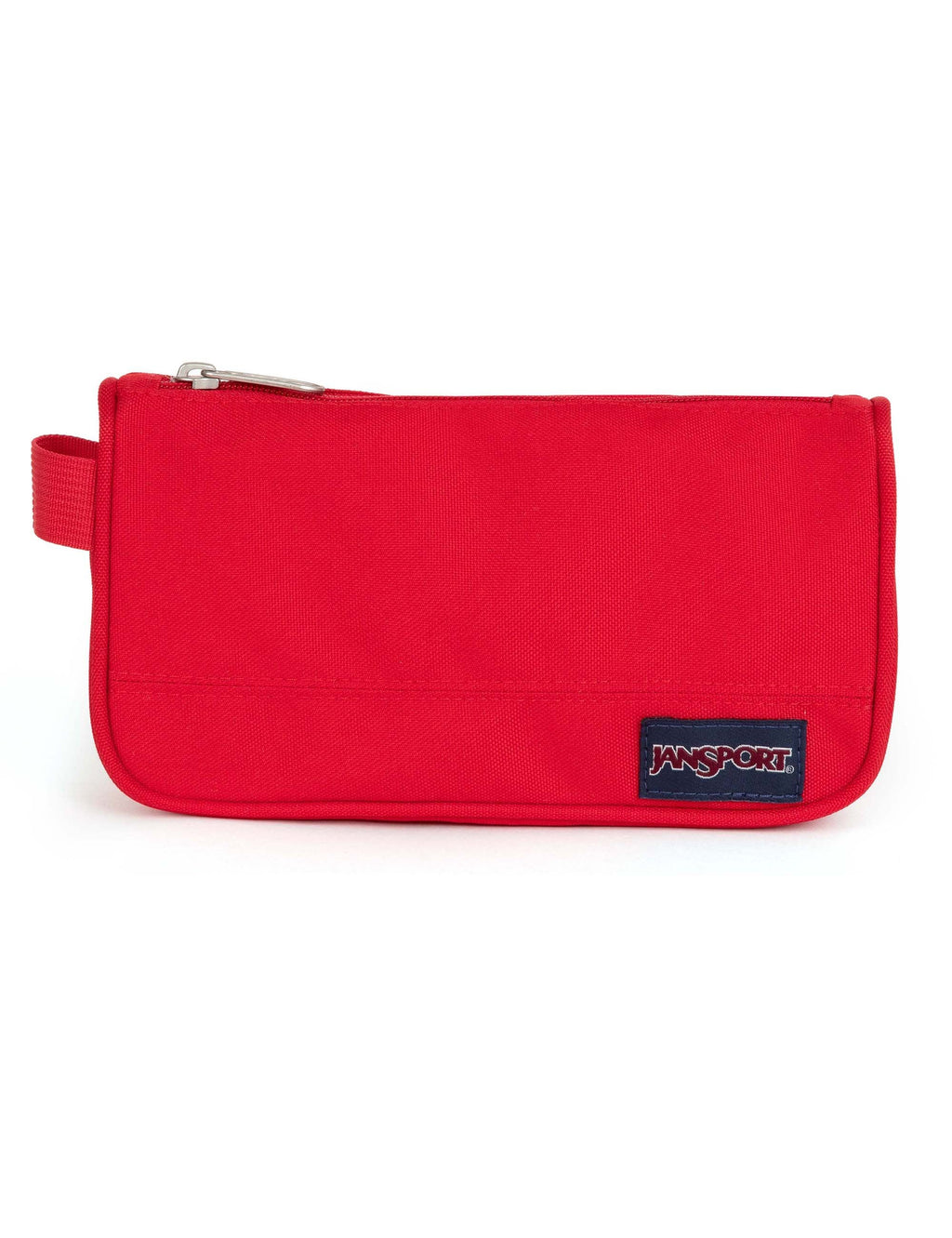 Medium accessory pouch, red canvas with zip top and side handle, Jansport logo patch.