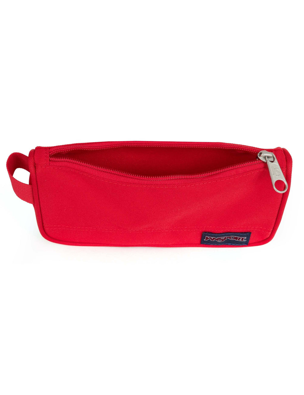 Medium accessory pouch in red with front zipper and woven handle tab, Jansport patch.