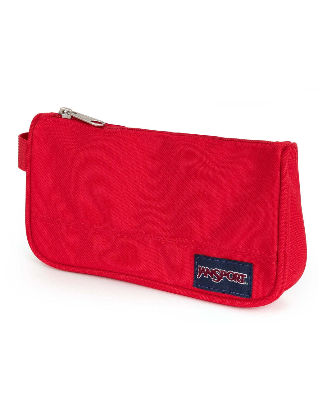 Medium accessory pouch in red with metal zipper pull and front logo patch, fabric strap.