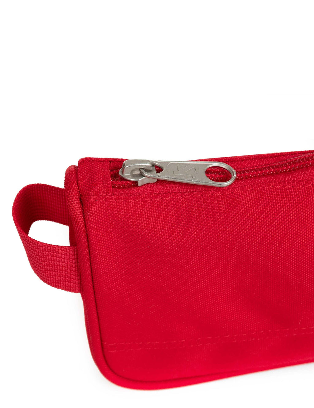 Medium accessory pouch close-up: red zipper with metal pull and woven handle loop.