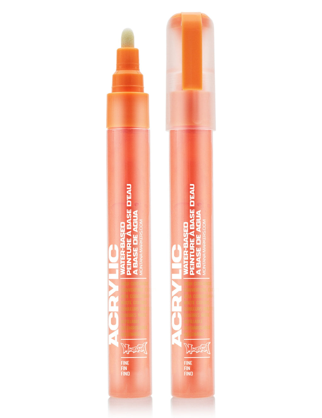 Fluorescent orange acrylic paint marker with chisel tip and translucent cap
