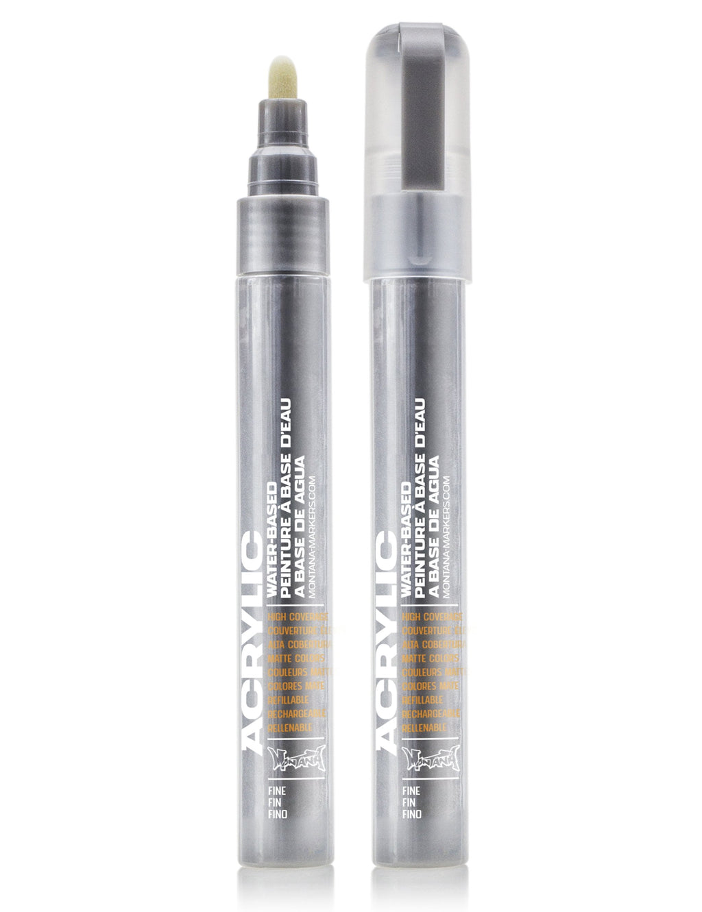 Silver matt acrylic paint marker with 2mm chisel tip and clear cap