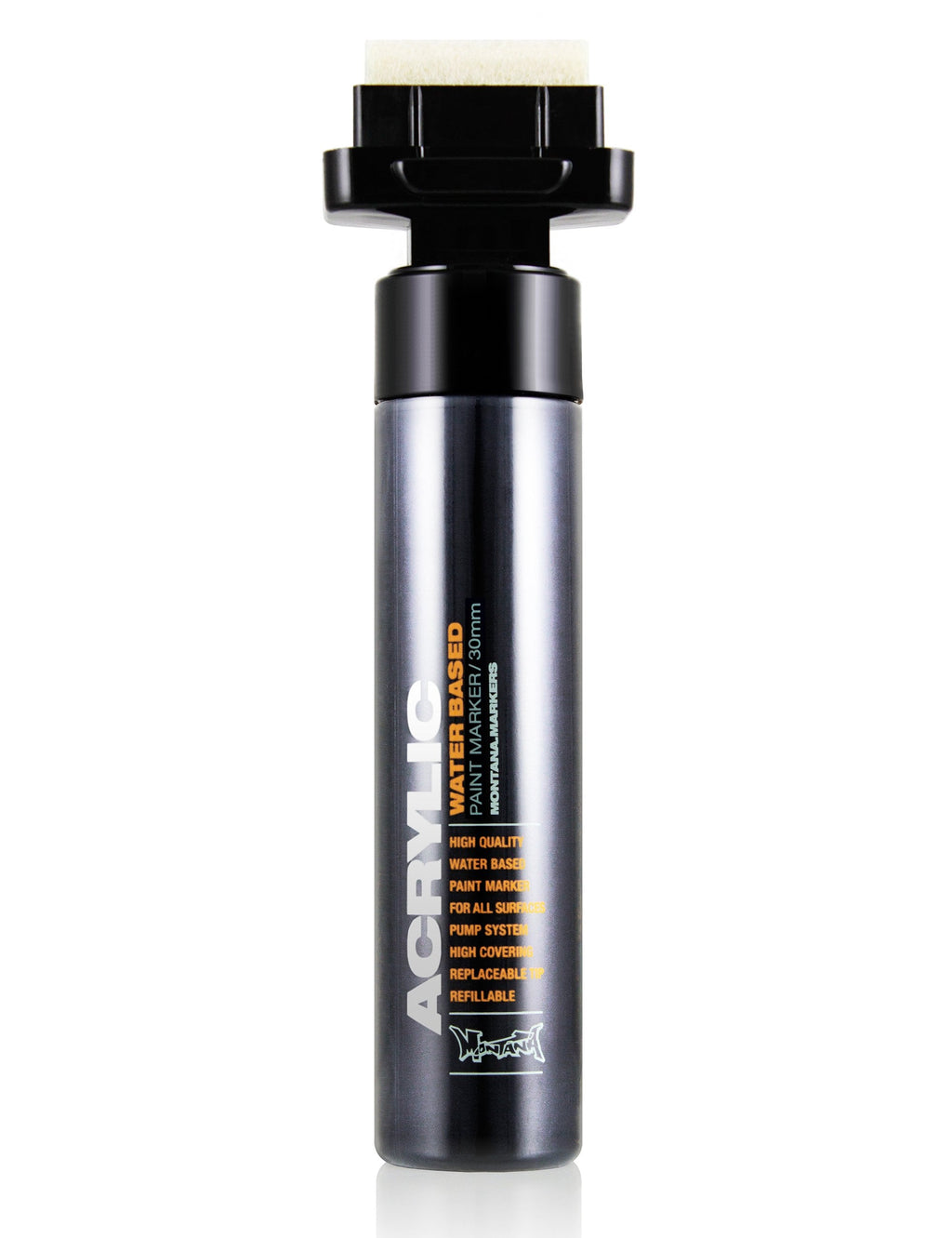 Acrylic paint marker with shock black ink, black barrel and clip-style cap, chisel tip