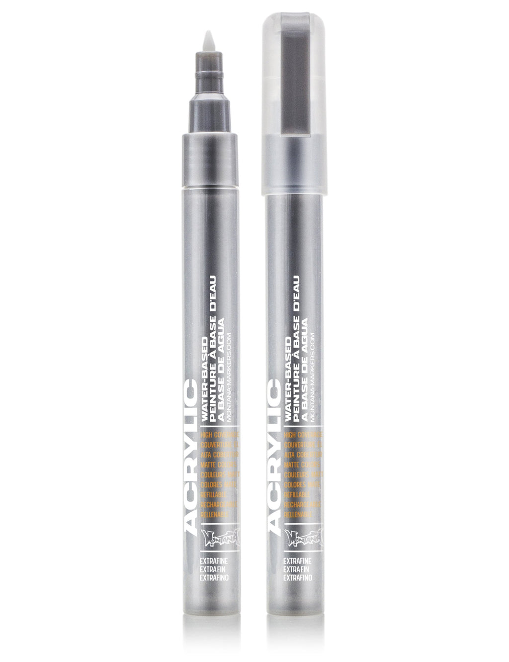 Silver acrylic paint marker with fine tip, two markers shown