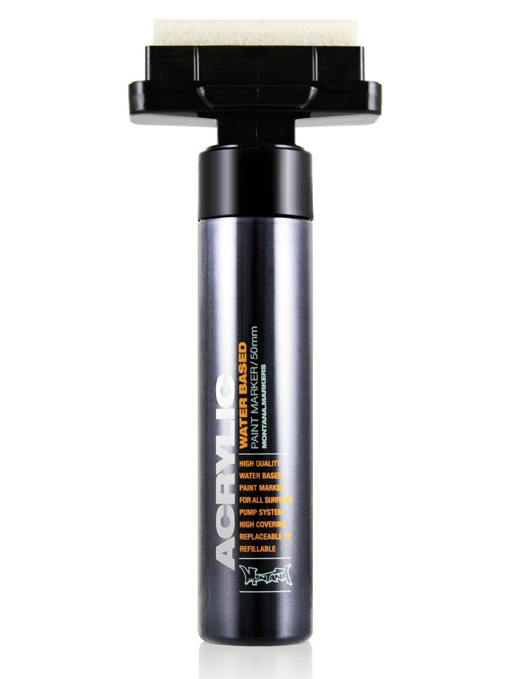 Acrylic paint marker body in dark black with visible label and chisel nib.
