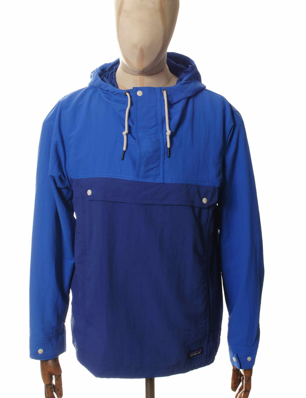 Blue pullover anorak with hood, half-zip front, drawstring hem