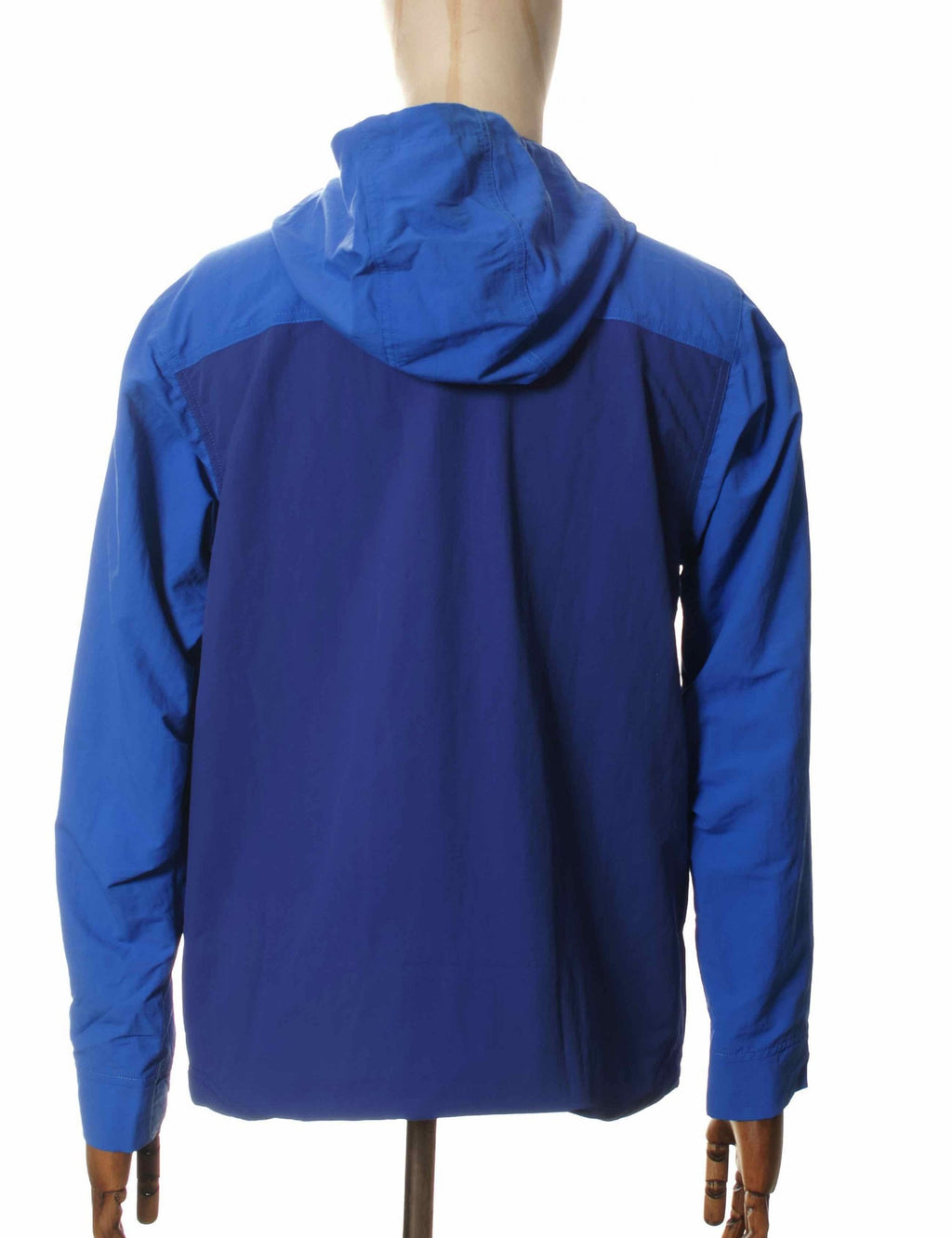 Blue pullover anorak jacket with attached hood, back view