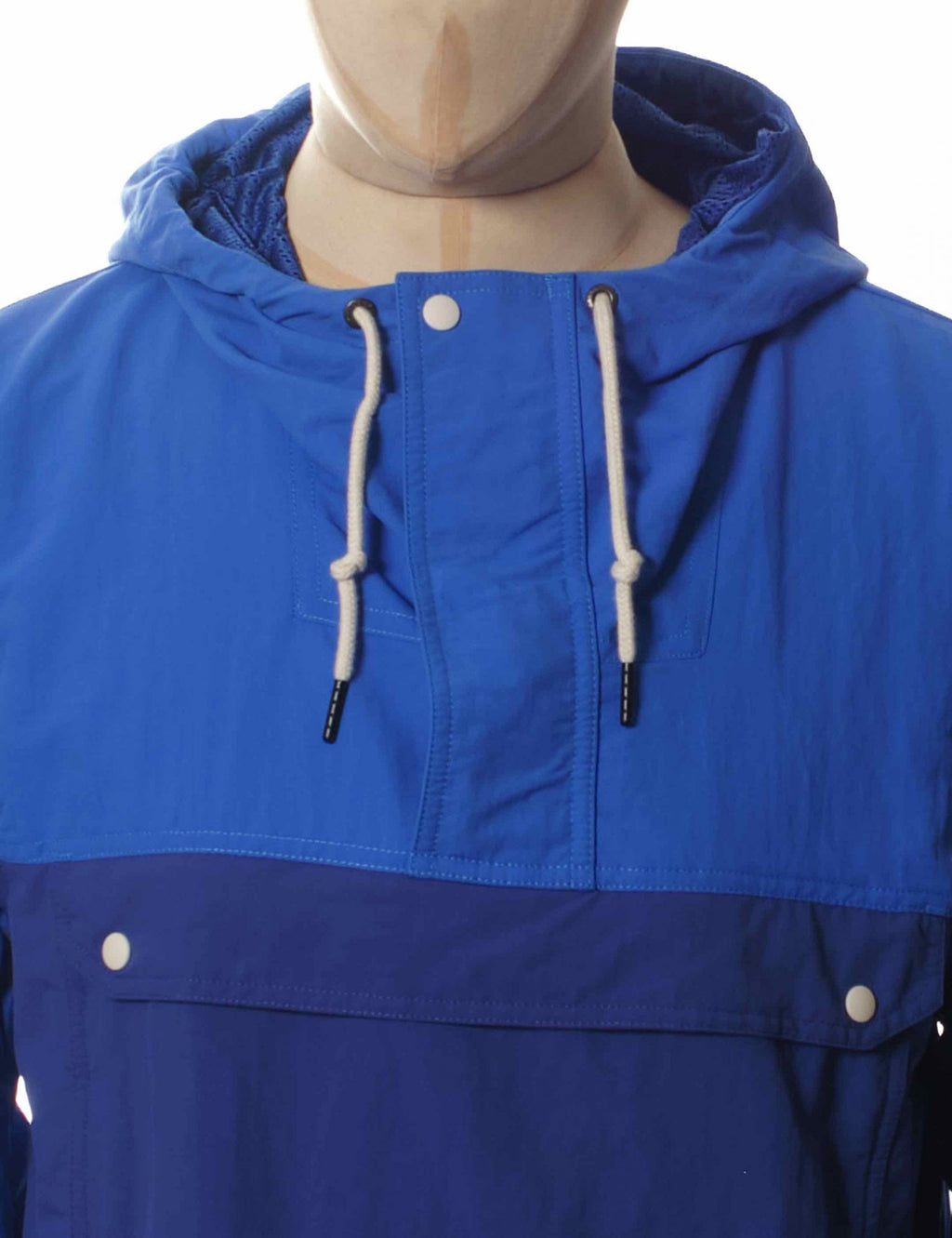 Blue pullover anorak with drawcord hood, quarter-zip front, front pocket