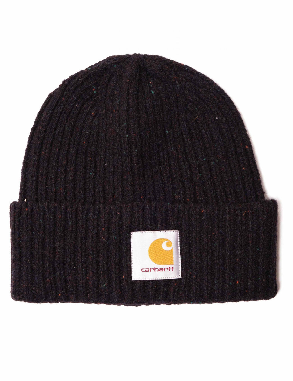 Speckled knit beanie hat with Carhartt logo patch on cuff