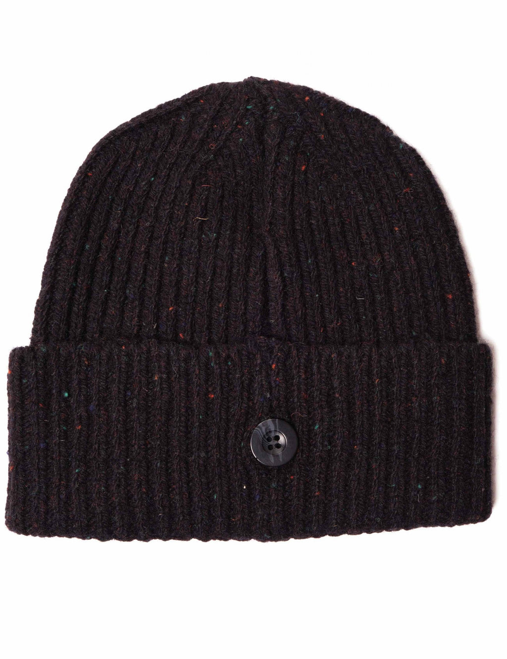 Speckled knit beanie hat with fold-over cuff and dark button closure