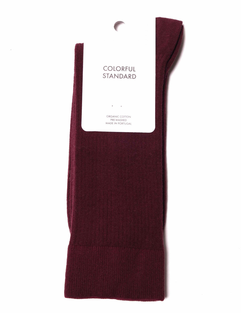 Oxblood red organic crew sock with hanging size tag
