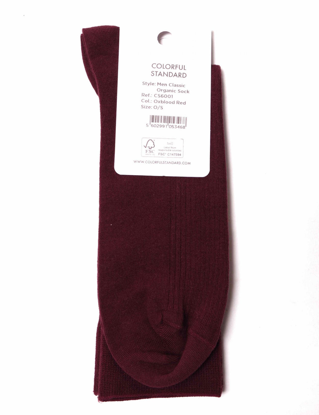 Oxblood red organic crew sock with toe detail and size tag