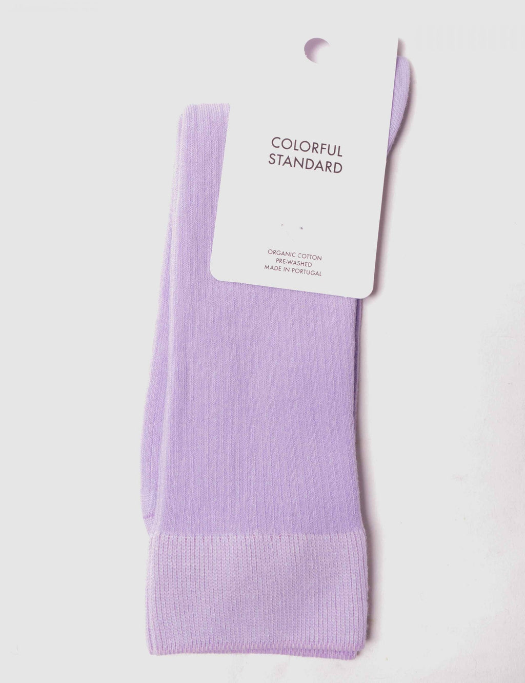 Lavender crew sock with ribbed cuff, shown flat with hanging tag