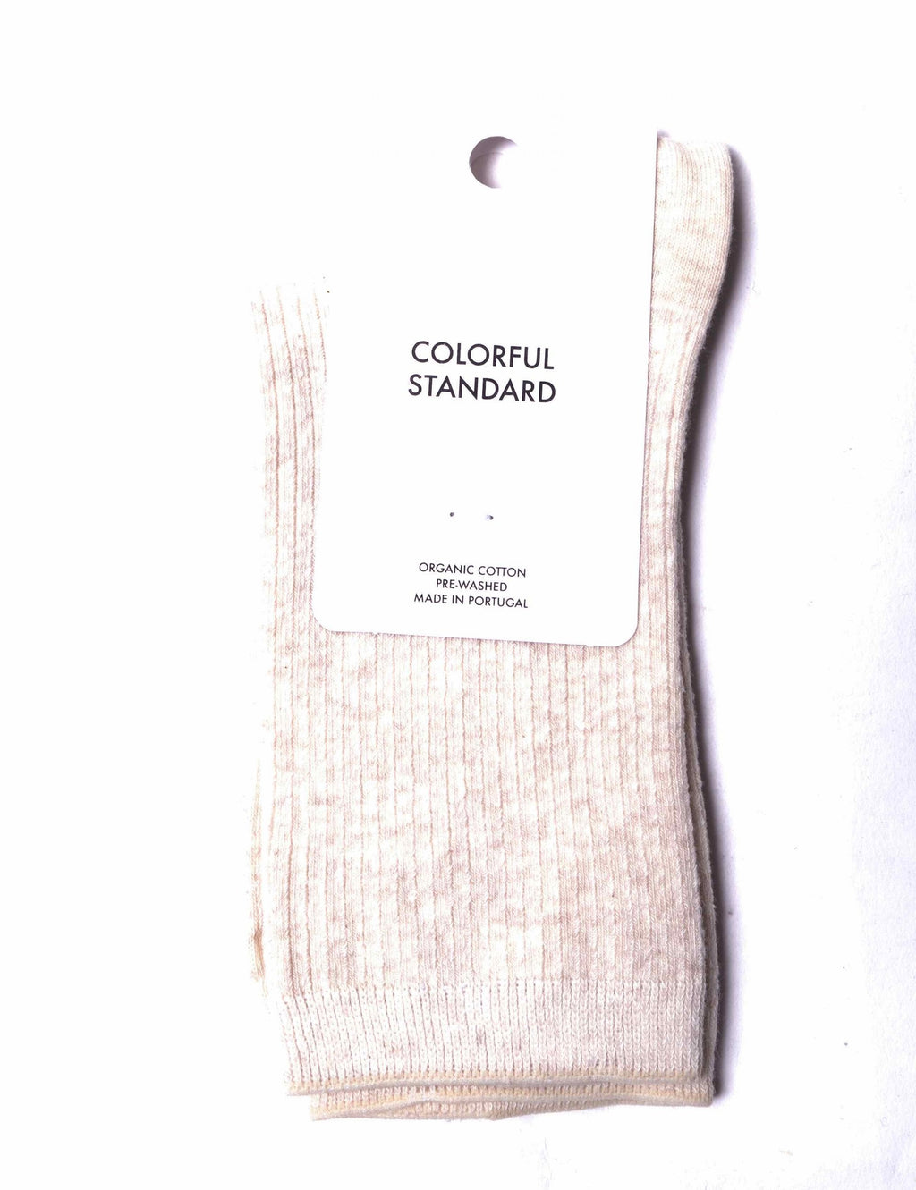 Ivory white organic cotton crew sock on card, ribbed cuff and textured knit