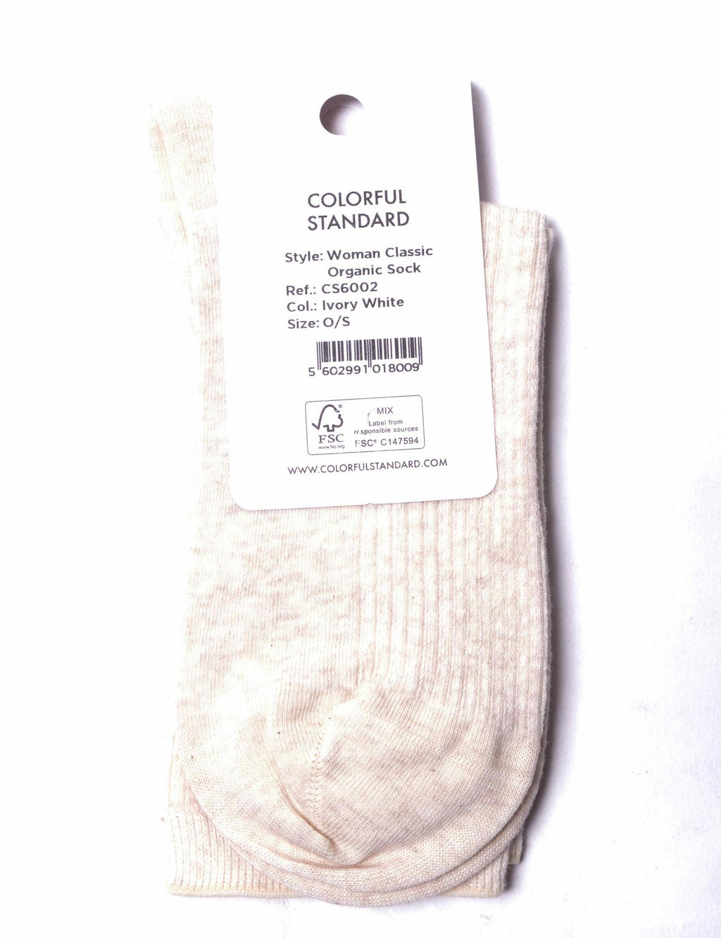 Ivory white classic crew sock with hang tag, cushioned sole and knit pattern