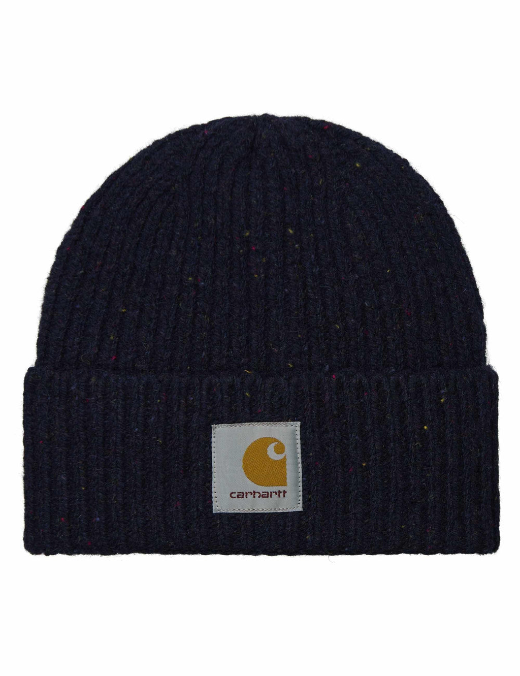 Speckled dark navy knit beanie with Carhartt logo patch on cuff