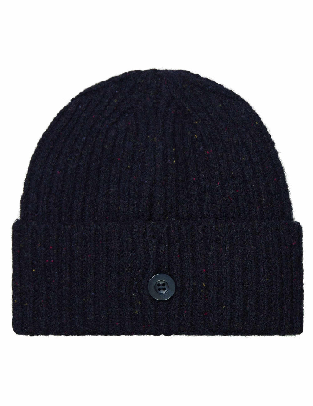 Speckled dark navy knit beanie with ribbed cuff and button detail