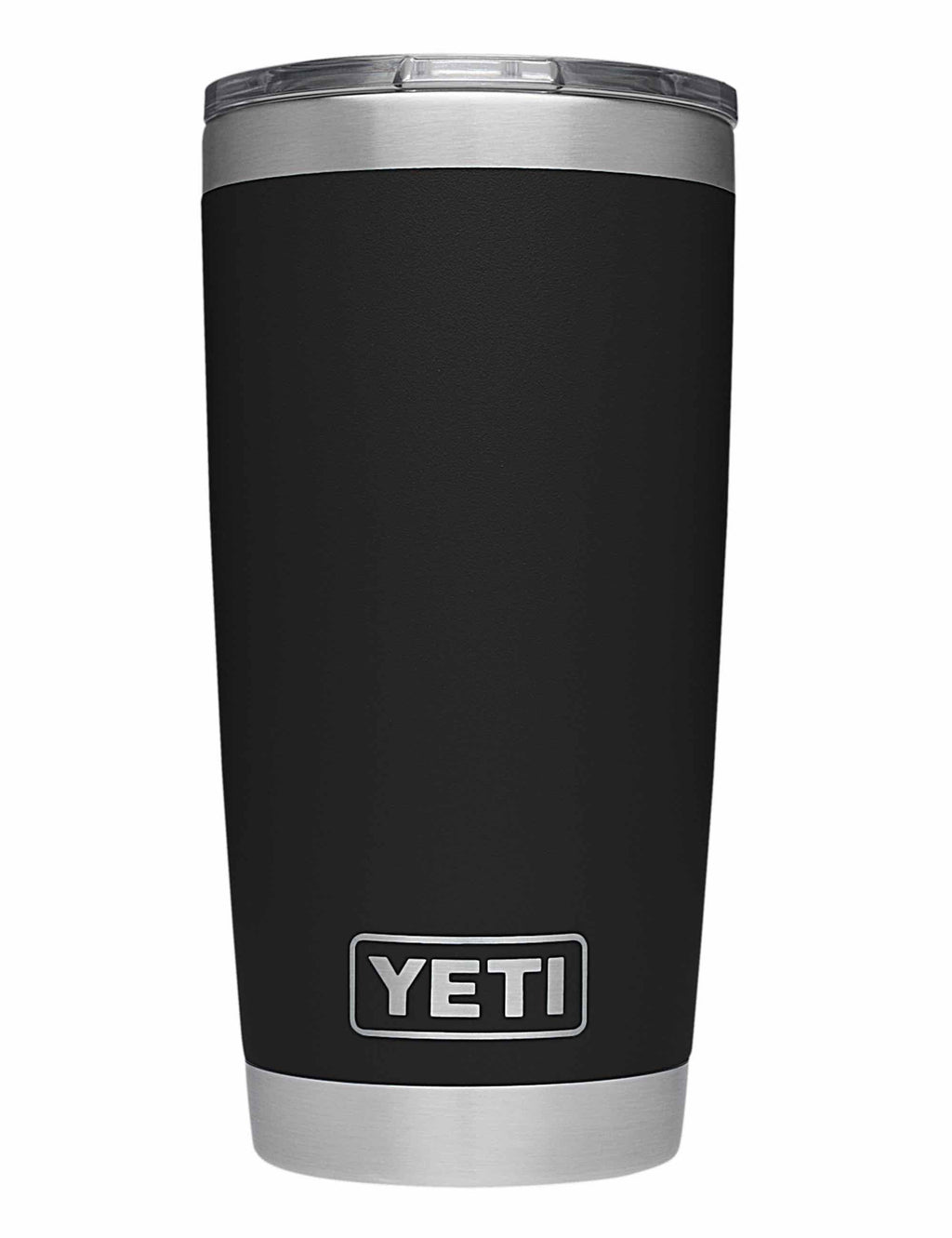 Black 20oz tumbler with stainless base and lid, YETI logo on front