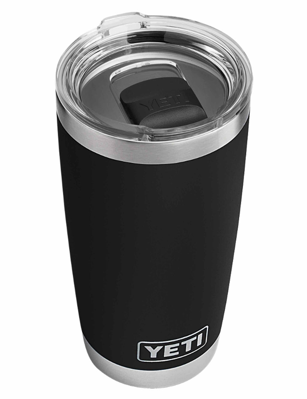 Black 20oz tumbler top view with clear lid and YETI logo near base