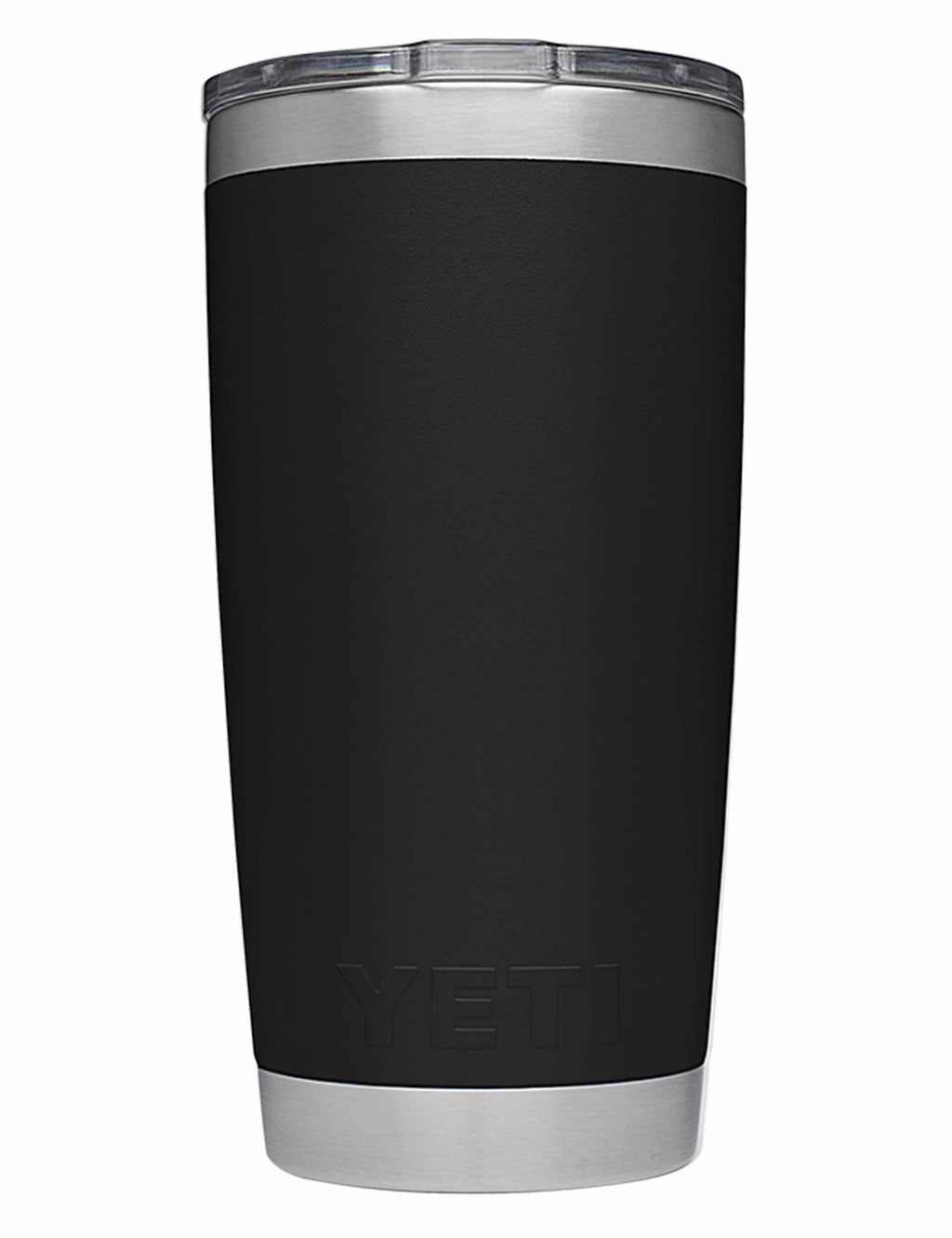 Black 20oz tumbler with stainless bottom and embossed YETI logo