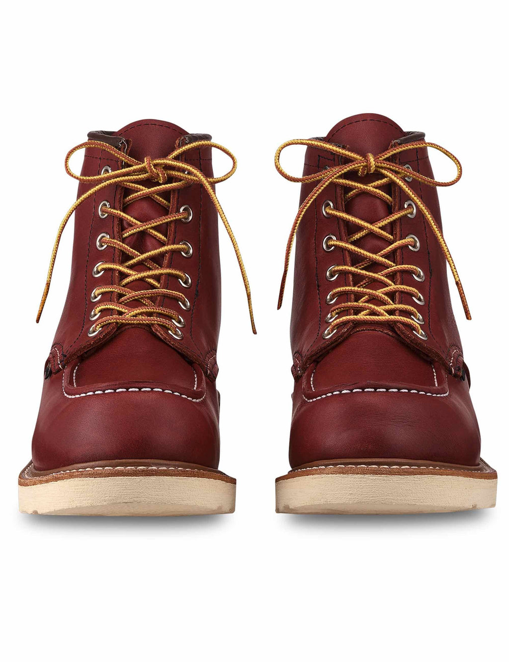 6-inch moc-toe lace-up boots in dark russet leather with tan laces and toe stitching