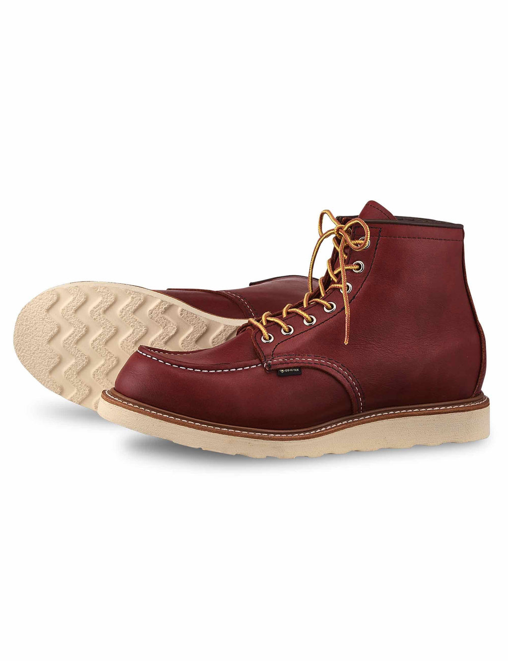 6-inch moc-toe lace-up boot in dark russet leather with textured tread outsole