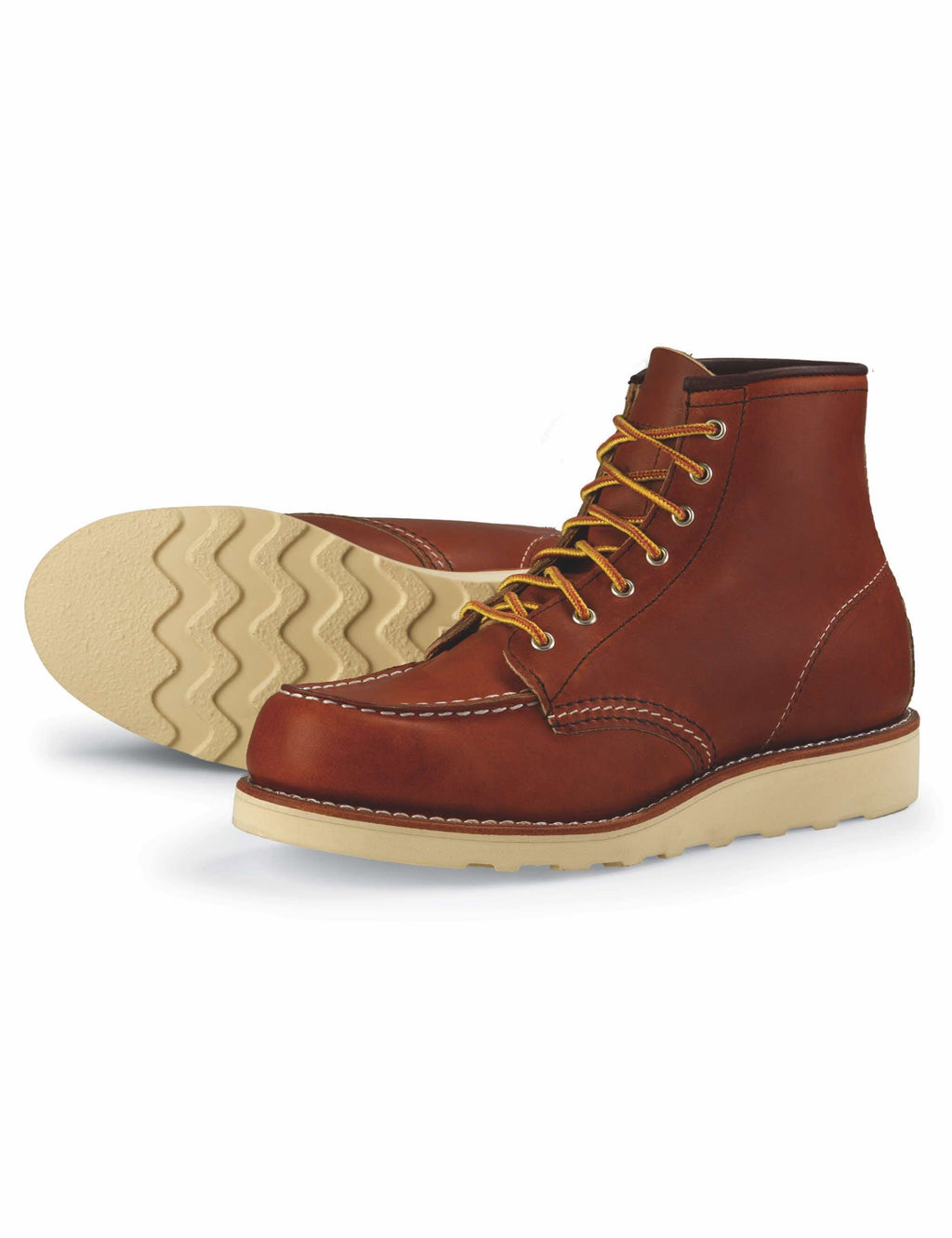 Brown moc toe lace-up ankle boots, side view, with tan sole and yellow laces