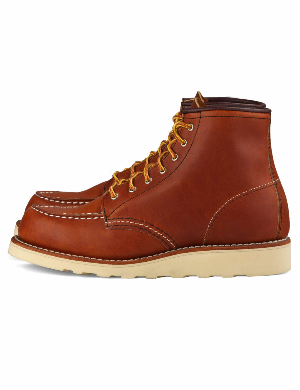 Brown moc toe lace-up ankle boots, front angle, tan sole and yellow laces