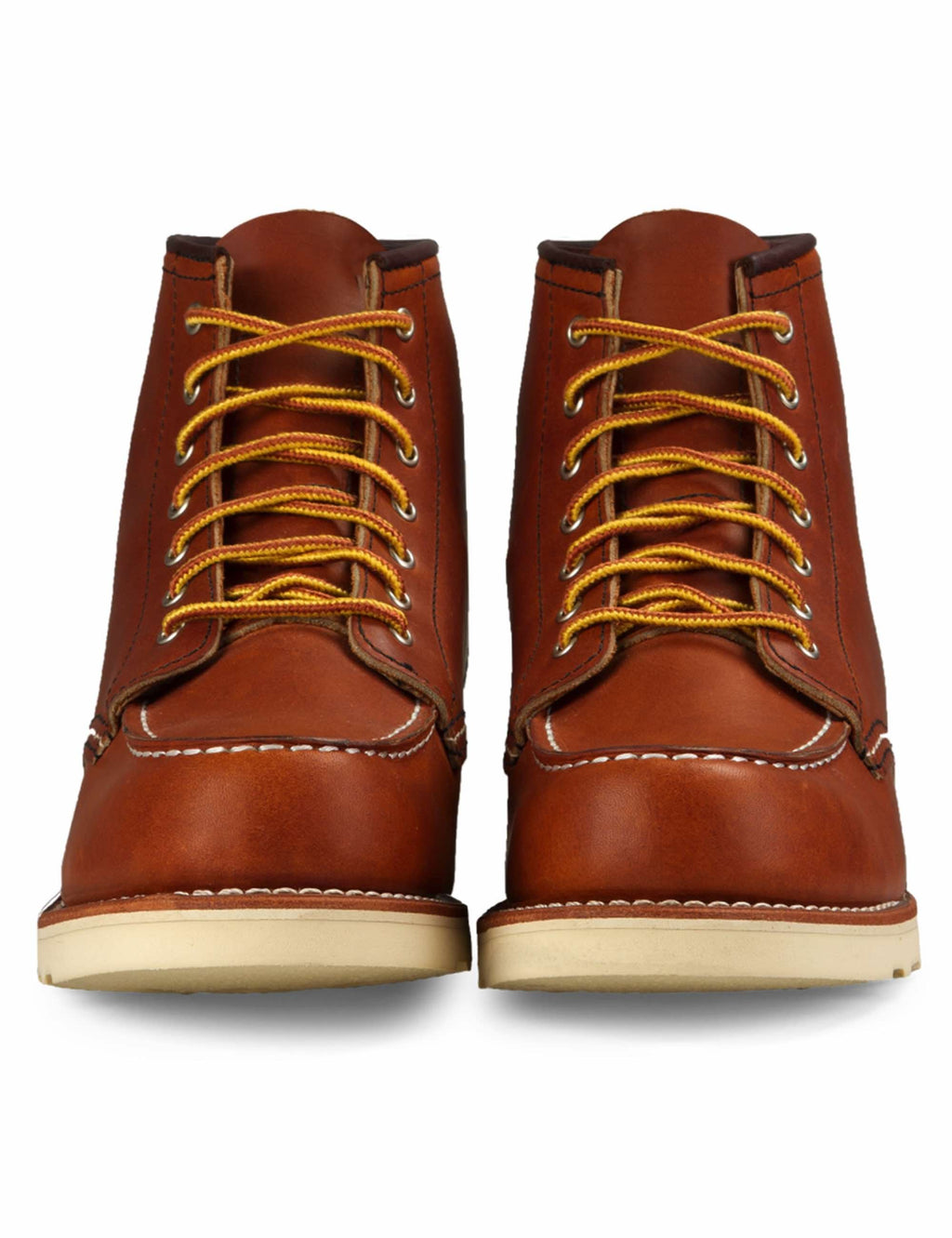 Pair of brown lace-up ankle boots with yellow laces and tan soles